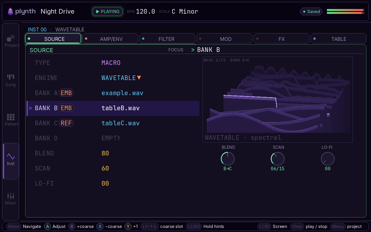 Plynth's instrument editor on the wavetable SOURCE tab: a four-slot bank list with BLEND, SCAN, and LO-FI controls beside a live 3D render of the selected wavetable.