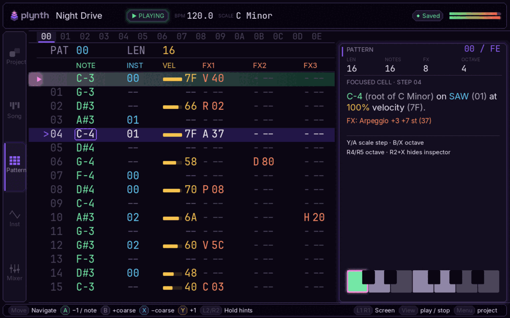 Plynth's Pattern screen playing on the Steam Deck: a filled 16-row note grid with the playback row sweeping down.