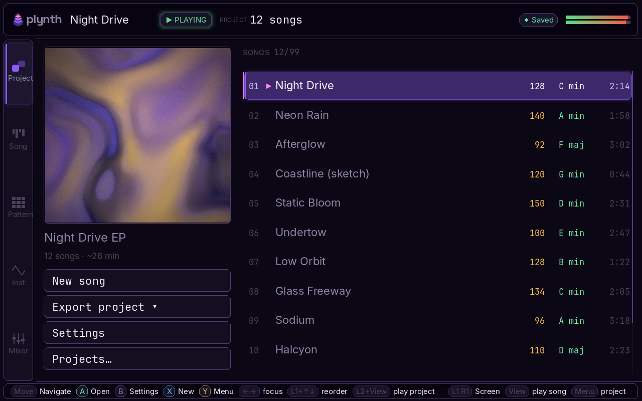 Plynth's project view for an EP: generated cover art beside a track list of songs with tempo, key, and duration.