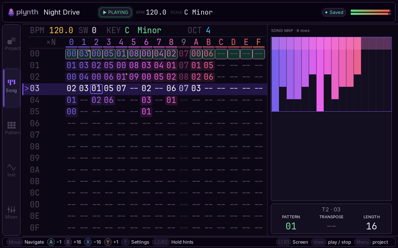 Plynth's Song screen: sixteen track columns of pattern references with a colour-coded song map showing the arrangement at a glance.